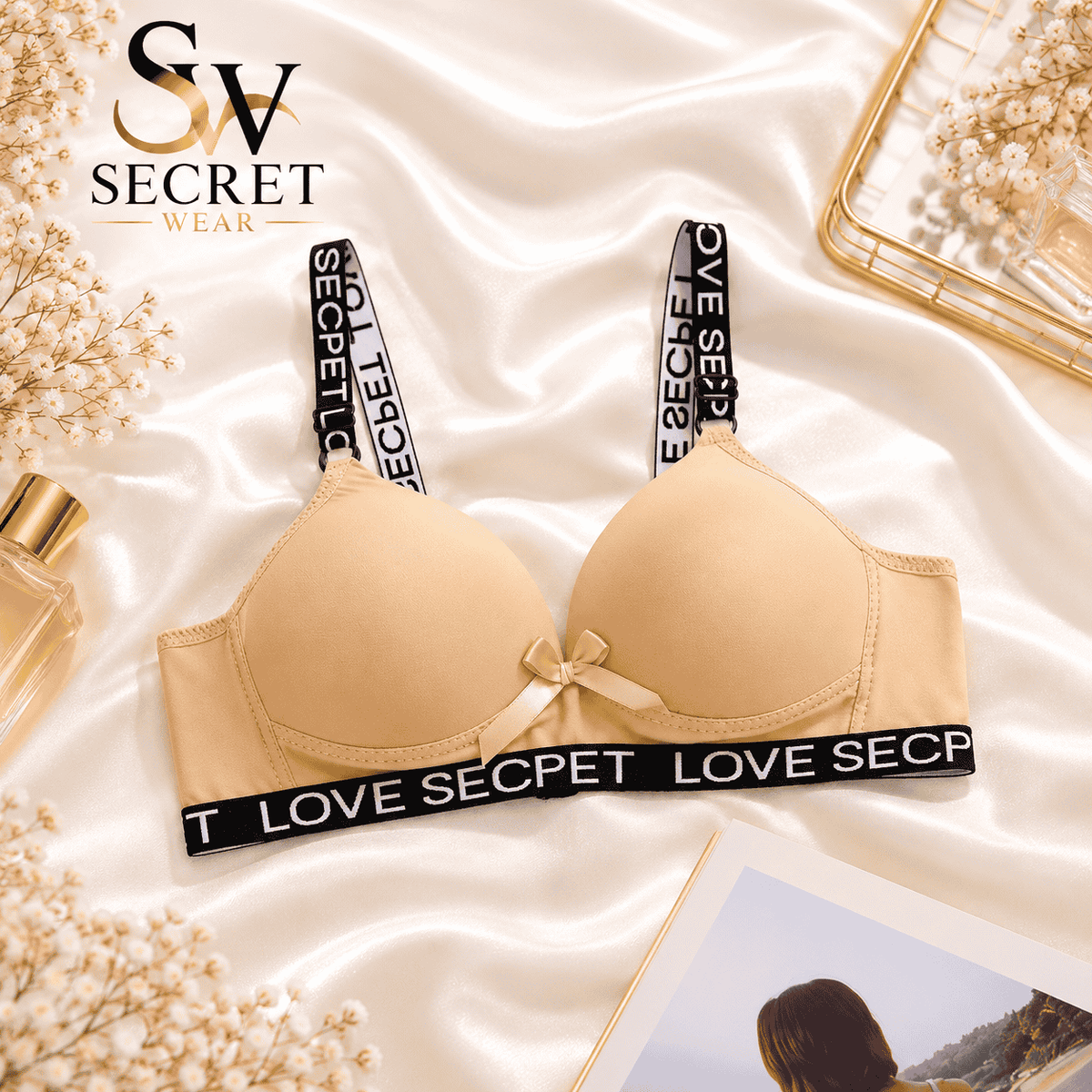 Love Secret Padded Bra in nude beige with smooth contoured cups, black printed straps and band, and a small bow detail.