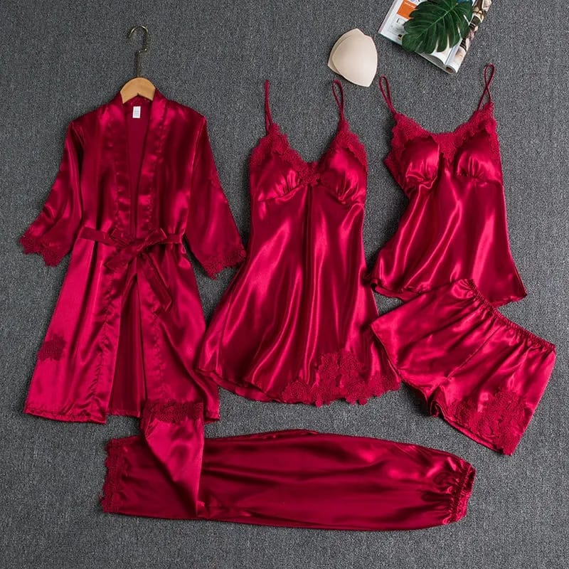 Shezaib 5 pcs Non Padded Pure Silk Pajama Set Cami Top Nightgown Sexy Sleepwear Robe Sets Lace Nightdress