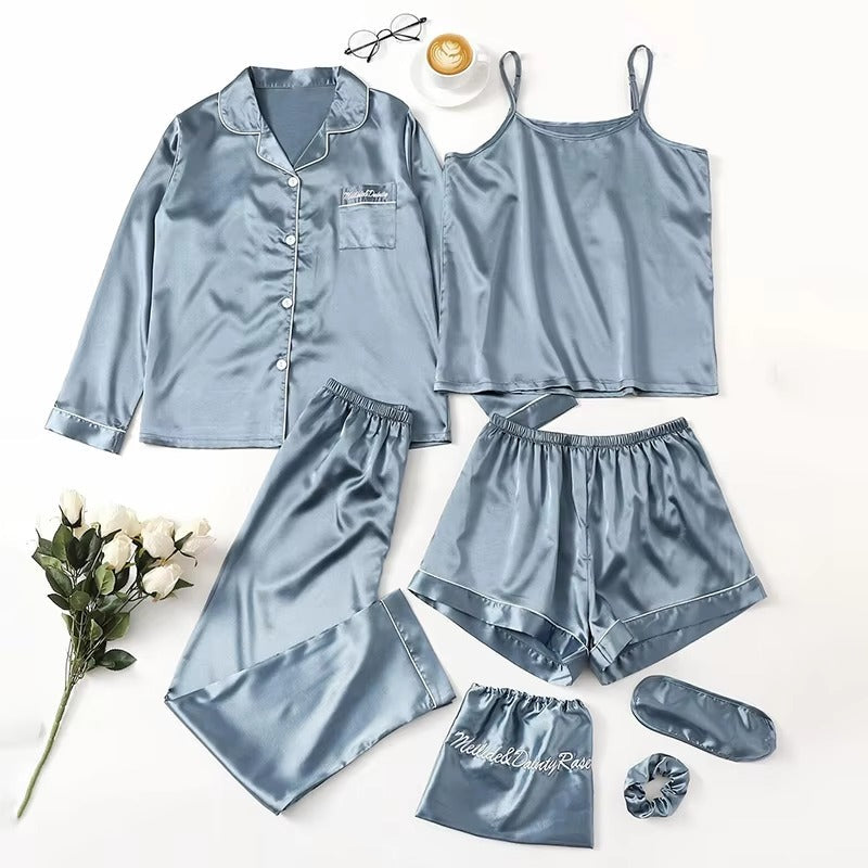 Flourish 7 pcs Non Padded Silk Satin Pajama Set Cami Top Nightgown Sexy Sleepwear Robe Sets Lace Nightdress