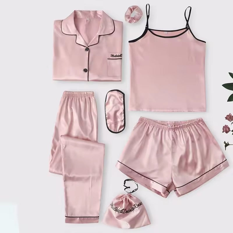 Flourish 7 pcs Non Padded Silk Satin Pajama Set Cami Top Nightgown Sexy Sleepwear Robe Sets Lace Nightdress