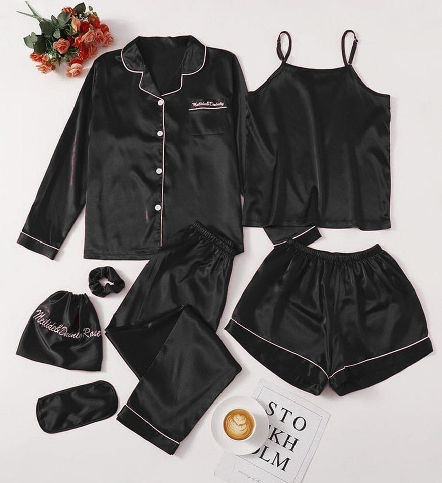 Flourish 7 pcs Non Padded Silk Satin Pajama Set Cami Top Nightgown Sexy Sleepwear Robe Sets Lace Nightdress