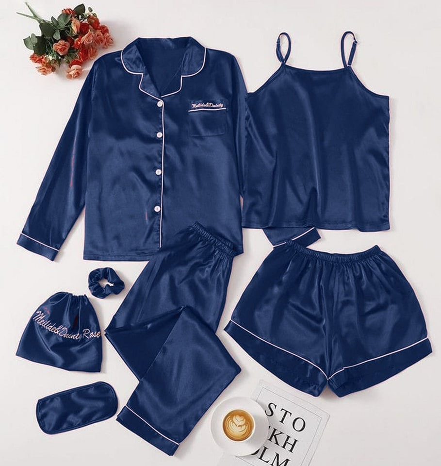 Flourish 7 pcs Non Padded Silk Satin Pajama Set Cami Top Nightgown Sexy Sleepwear Robe Sets Lace Nightdress