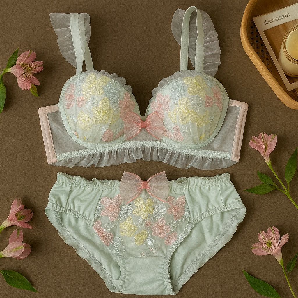 Flourish Pastel Pink Floral Embroidered Bra & Panty Set | Delicate Ruffle & Bow Design 022