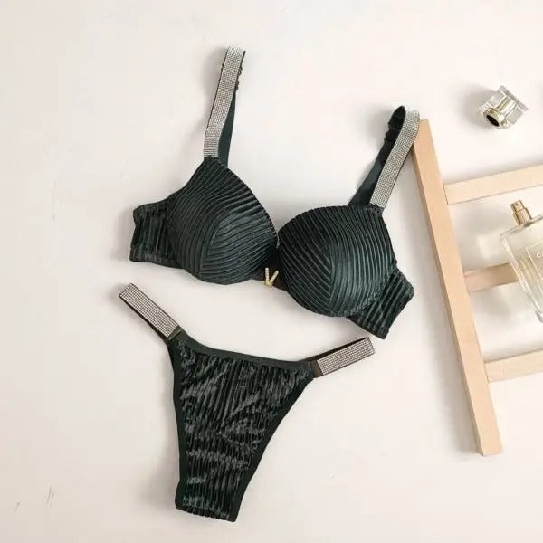 Shezaib Velvet Shine Bra & Panty Set – Luxury Rhinestone Strap Lingerie 2022