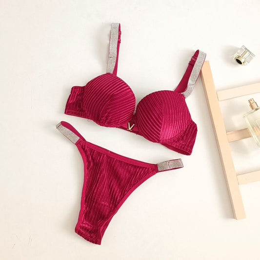 Shezaib Velvet Shine Bra & Panty Set – Luxury Rhinestone Strap Lingerie 2022