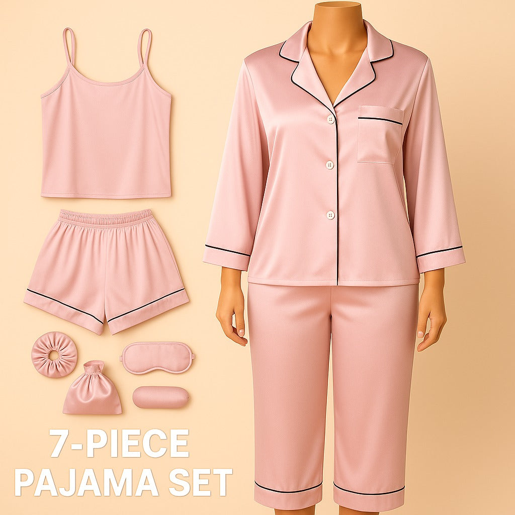 Flourish 7 pcs Non Padded Silk Satin Pajama Set Cami Top Nightgown Sexy Sleepwear Robe Sets Lace Nightdress