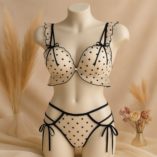 Shezaib New High-Quality Black Heart Embroidered Push-Up Bra with Cute Lace Panty Set 2007