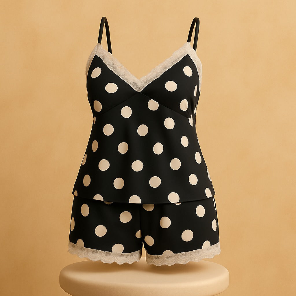 Shezaib Silk Pajamas For Women Sexy Lingerie Lace Trim Camisole And Shorts Polka Dot Sleepwear Home Wear 816