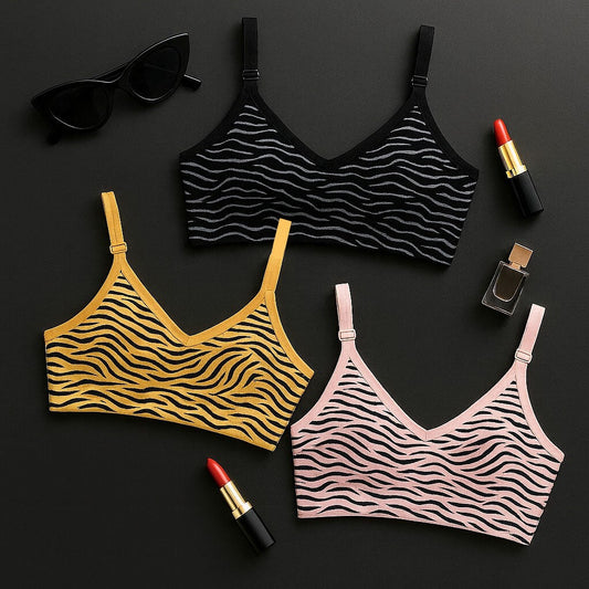 Pack Of 3 Women’s Zebra Print Cotton Bralette – Non-Padded | Soft, Stretchable & Stylish Everyday Bra