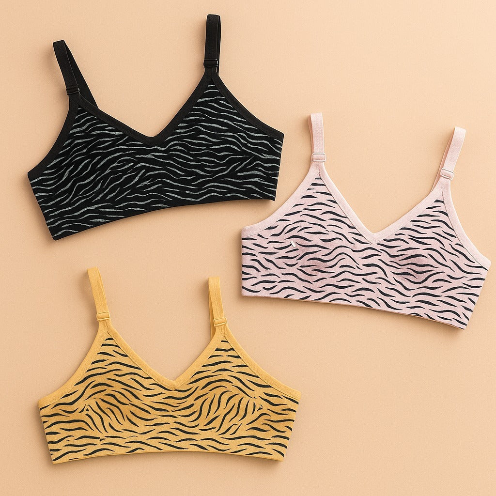 Pack Of 3 Women’s Zebra Print Cotton Bralette – Non-Padded | Soft, Stretchable & Stylish Everyday Bra