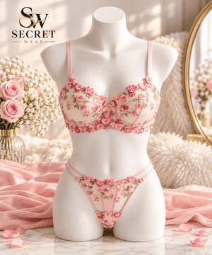 Blossom Charm Floral lingerie set with pink sheer mesh, embroidered blossoms, green accents, wired bra and matching thong.