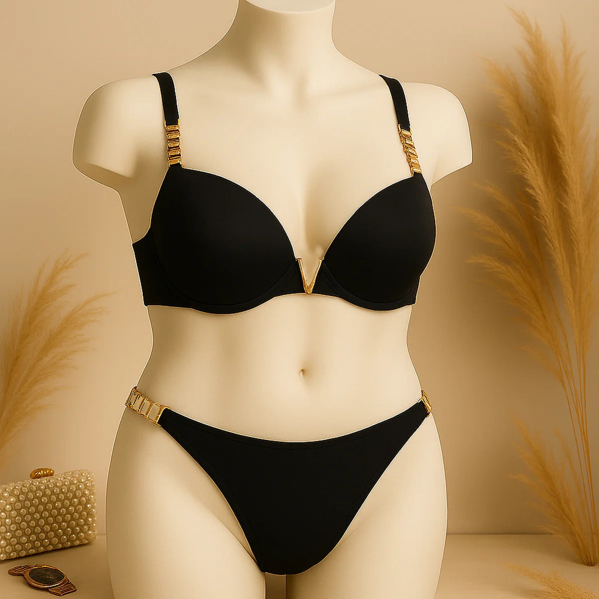 Shezaib High Quality New Style Chain Straps Front Metal V buckel Bra & Panty Set 195