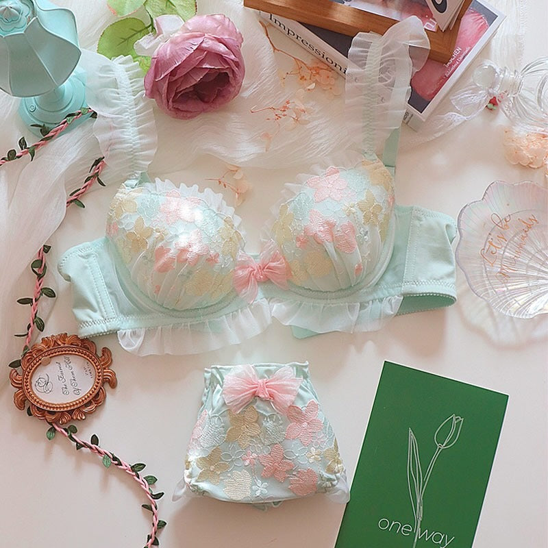 Flourish Pastel Pink Floral Embroidered Bra & Panty Set | Delicate Ruffle & Bow Design