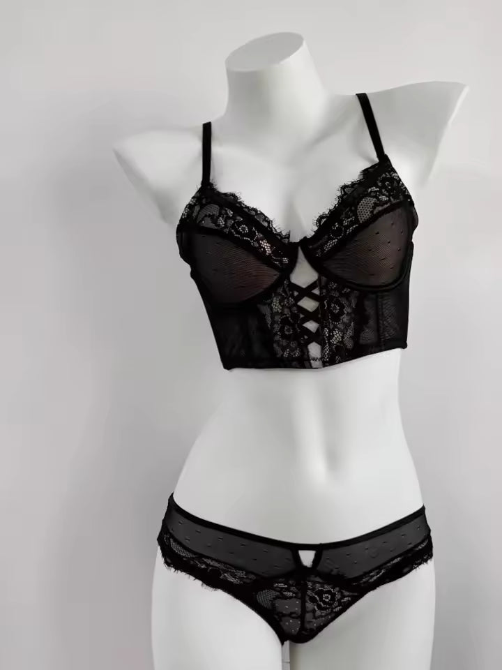 Flourish Luxury Lace Corset Bra & Panty Set | Lightly Padded Underwired Cups with Elegant Floral Detailing 350