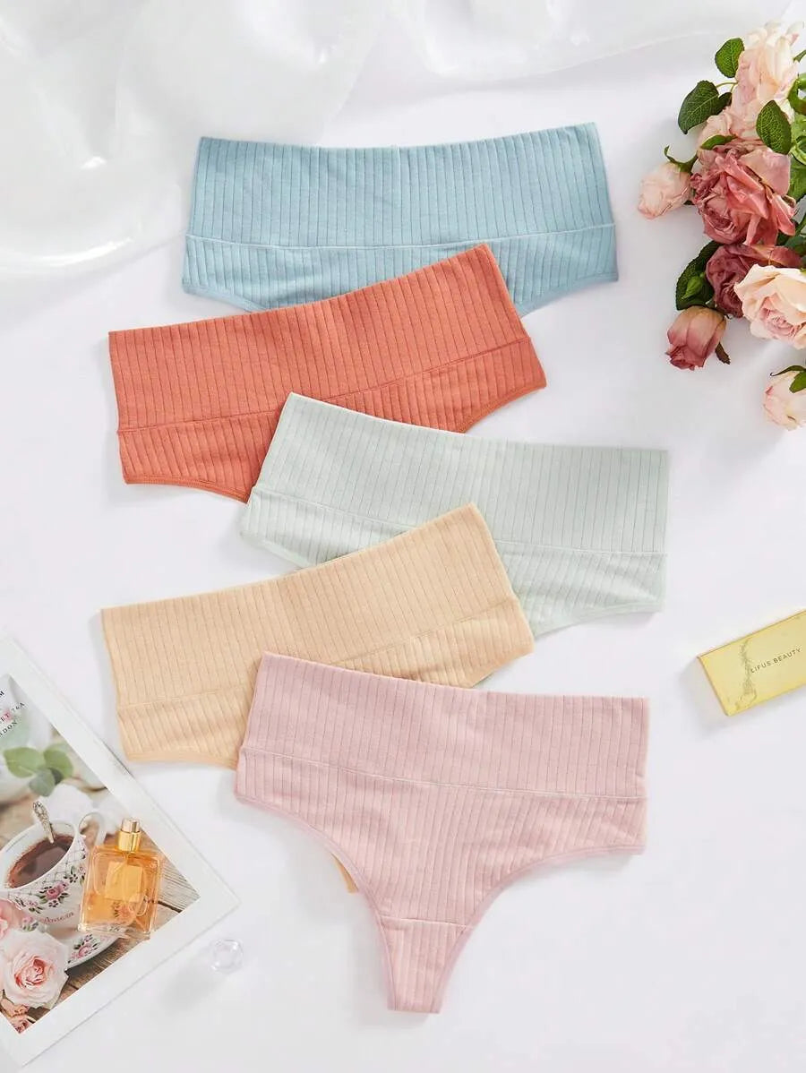 Shezaib Pack of 5 Ribbed Cotton High Waist Thong Panty – Stretchy & Seamless Comfort 395